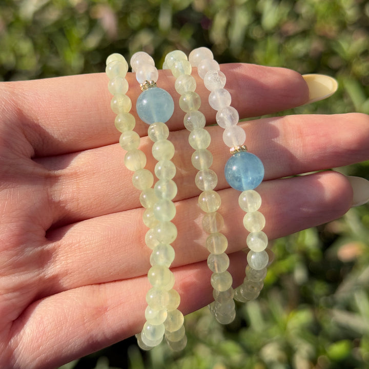 Prehnite Crystal Bracelet with Moonstone and Aquamarine